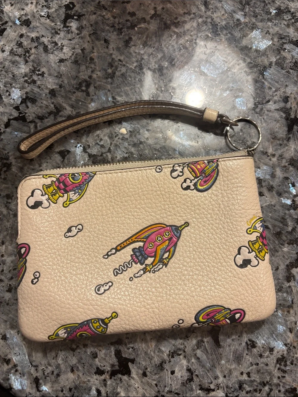 Coach Cream Wristlet with Pink, Yellow and Blue Rocket Print - Picture 2 of 4